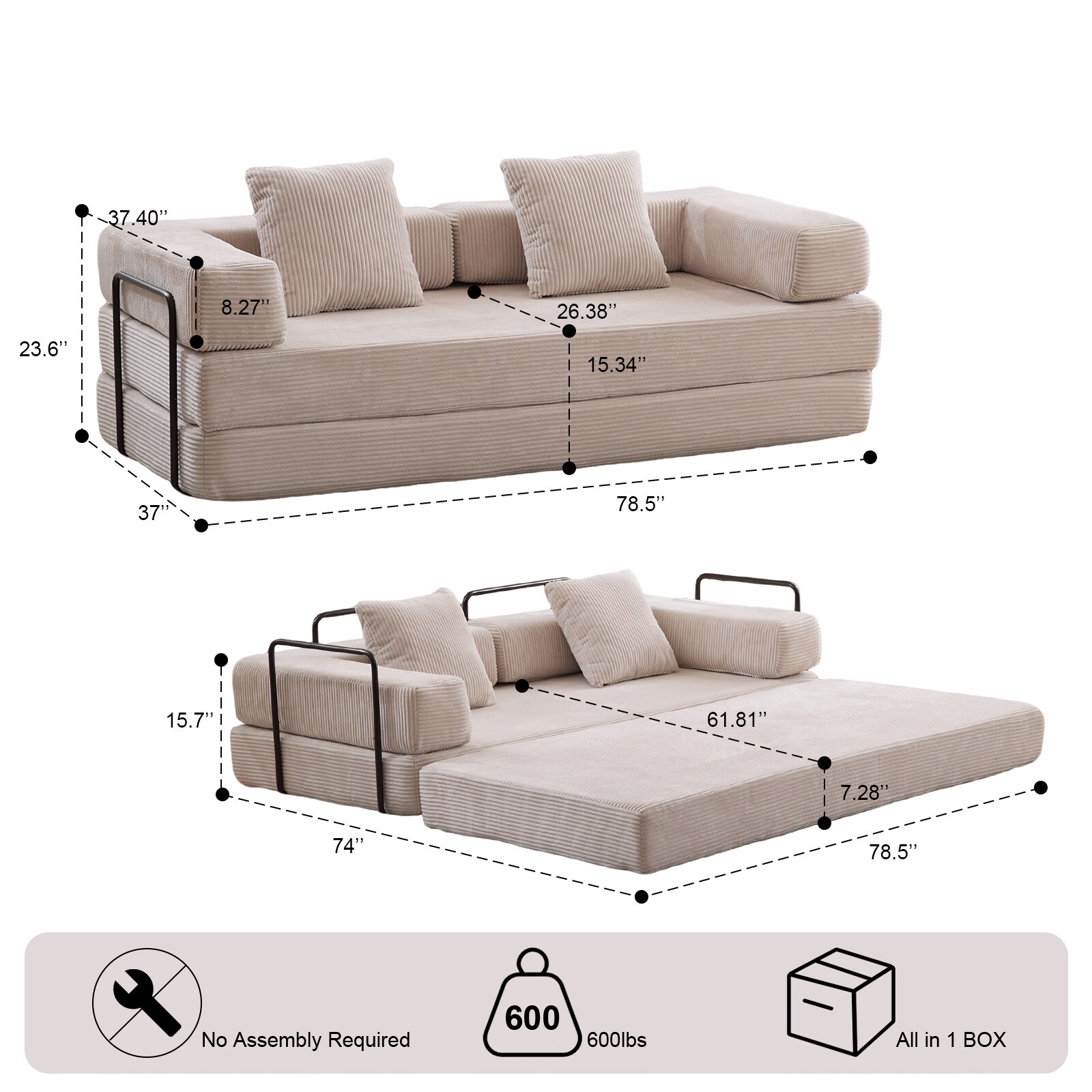 Convertible Floor Sofa Bed With Pillow And Backrest Light Grey_voghion.com